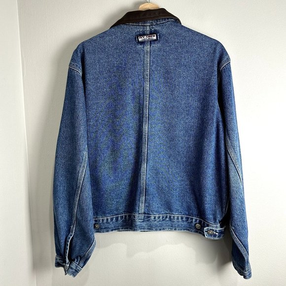 Vintage Ivy Crew Unisex Denim Jacket Size L Brown Leather Collar 90s Y2K Jean - Picture 7 of 10
